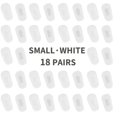 Hella Soft Anti Slip Silicone Eyeglass Nose Pads 18 Pair Replacement Kit With Cleaning Cloth Super Snug Grip Featherlight Allergy Free For Glasses And Sunglasses Small White - White silicone nose pads displayed in rows.