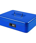 Blue metal lockbox with handle, featuring a combination lock, suitable for securing valuables in a Large Electronic Digital Safe For Jewelry And Home Security With Metal Construction And Removable Inner Tray Easy Password Lock For Quick Access And Real Stash Security Heavy Duty Safe Box For Valuables In Home Office Bedroom.