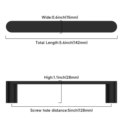 Diagram showing dimensions of 10 Pack 5 Inch Matte Black Cabinet Handles 128mm For Kitchen Cupboards And Drawers Cabinet Pulls Hardware