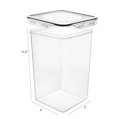 Big Ol 7 Qt Tall Food Storage Canisters Set Wide And Deep Airtight Pantry Containers For Flour And Sugar 4 Piece Plastic Storage Jars With Measuring Cups And 20 Chalkboard Labels, showing a single clear canister with open lid and dimensions.