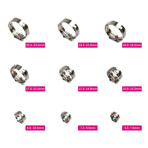 10 Pack Single Ear Hose Clamps Kit, Pro Grade Stainless Steel 304, Size Range 5.3 to 31.6 mm, assorted ring clamps displayed