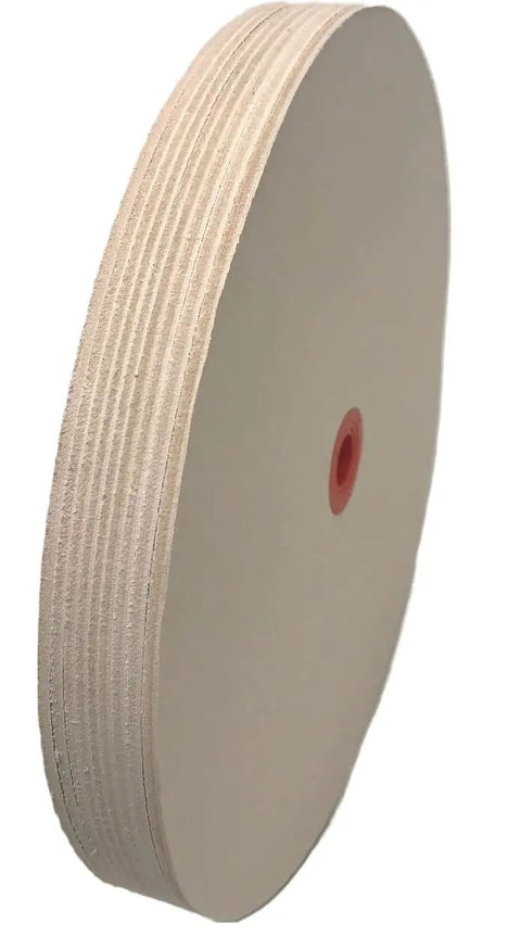 Side view of 8 Inch Leather Honing Stropping Wheel With Premium White Buffing Compound Made In USA for polishing blades