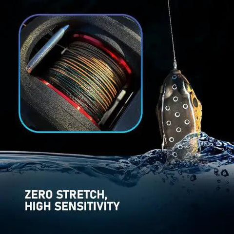 Beast Grade Braided Fishing Line Blue Camo 30 Pound Test 300 Yards spooled in reel with zero stretch feature and high sensitivity.
