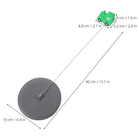 TEHAUX Silicone Bathtub Drain Stopper 15cm, Hair Catcher for Bathroom with playful green vehicle design and dimensions.