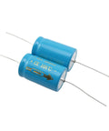 Two Pack 2200uf 63v 22X36Mm Through Hole Axial Electrolytic Capacitors in blue with metal leads for electronics repair.