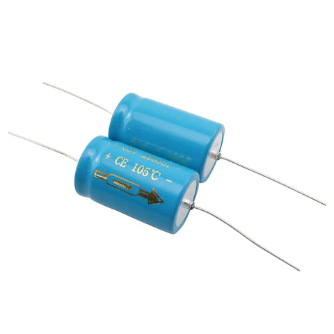 Two Pack 2200uf 63v 22X36Mm Through Hole Axial Electrolytic Capacitors in blue with metal leads for electronics repair.