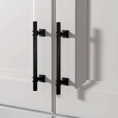 Matte Black 5 Inch Cabinet Pulls 10 Pack Modern T Bar Handles on white kitchen cabinets showing durability and style