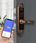 Knocks Out Burglary Hassle Smart Door Lock With Touchscreen Fingerprint Scanner Rfid Card And Numeric Code Entry, installed on door.