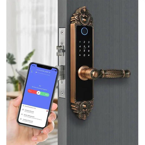 Knocks Out Burglary Hassle Smart Door Lock With Touchscreen Fingerprint Scanner Rfid Card And Numeric Code Entry, installed on door.