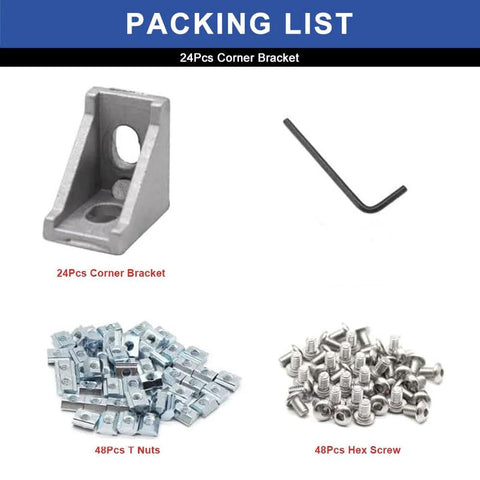 Front view of Seekliny 24Pcs corner brackets in silver aluminum, L-shaped hex key, 48 T-nuts and 48 screws