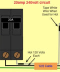 20amp 240volt circuit diagram showing connections, including ground bar, breakers, and receptacle wiring.
