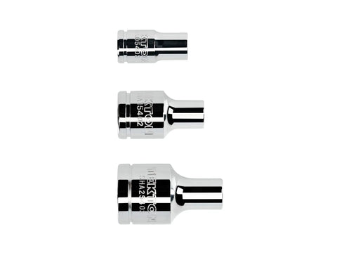 3-Piece Magnetic Hex Bit Holder Set For 1/4 3/8 And 1/2 Inch Drive showing three chrome adapters of varying sizes