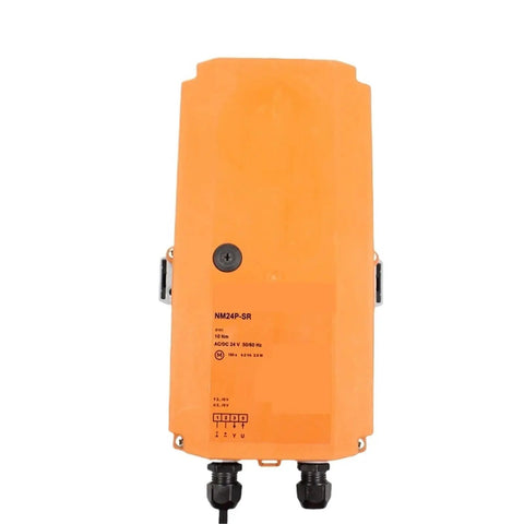 Nm24p Sr Rotary Damper Actuator Built Tough For Smooth Modulating Control And AC DC 24 Volt Power visible from the back.