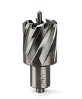 Annular cutter with Weldon shank and pilot pin; 1-1/4 in diameter, 1 in depth of cut; front view