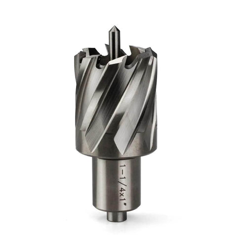 Annular cutter with Weldon shank and pilot pin; 1-1/4 in diameter, 1 in depth of cut; front view