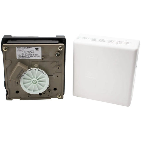 Model Specific Refrigerator Ice Maker Assembly Replacement 120V 8 Cube With Harness And Bail Arm Extension showing back and cover