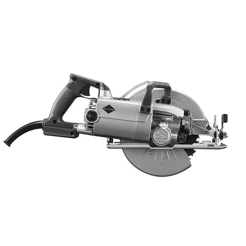 Professional Grade Hardcore 15 Amp Worm Drive Circular Saw With 8 1/4 Inch Blade, side view showing blade and handle.