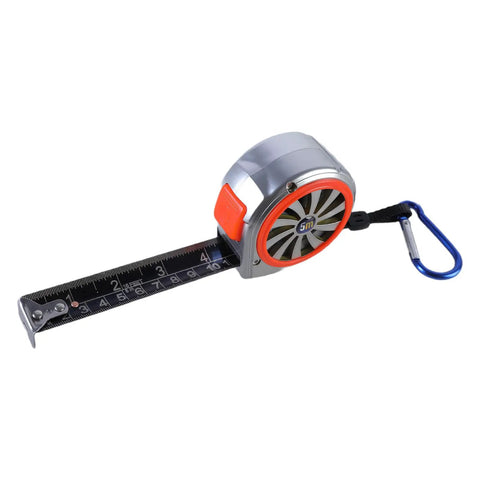 Rugged Steel Tape Measure With Handy Pocket Clip For Home Projects And Pro Craftwork showing extended tape and carabiner