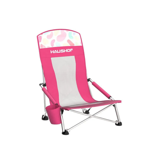 Low Seat Beach Chair With Mesh Back And Cup Holder Lightweight Foldable Camping Chair For Beach And Picnic