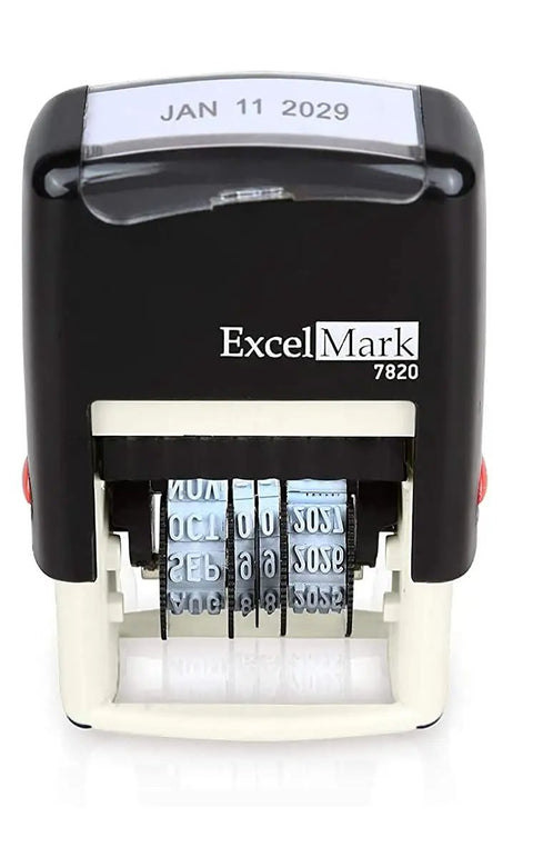 Built Tough Self Inking Date Stamp For Shipping And Expiration Tags Black Ink With Spin Bands, showing January 11, 2029.