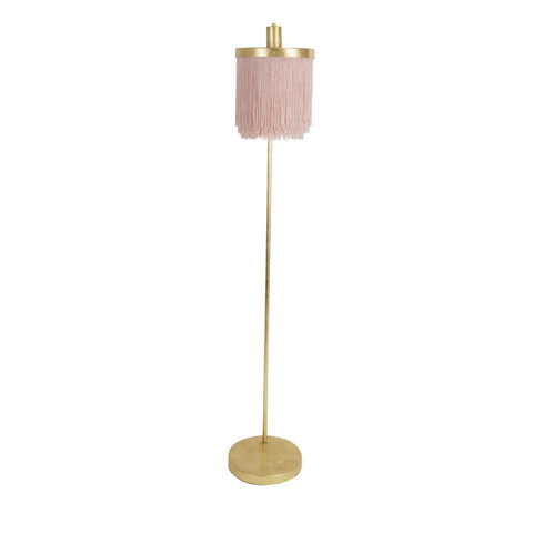 Pink Fringe Shade Floor Lamp In Gold Leaf Finish, Down Bridge Steel Lamp With Three Tier Fringe Shade, Classic Boudoir Style
