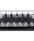 Heavy Duty 6 Way Mega Fuse Panel With Badass 500 Amp Busbar Adapter, clear cover, modular layout for circuit protection.