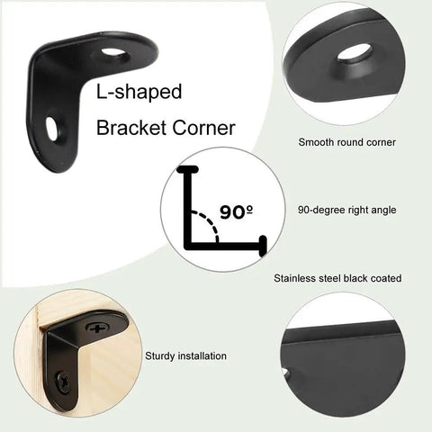Rock Solid L Bracket Corner Brace 90 Degree Right Angle Wood Shelf Support Kit 16 Pack With Screws Black 1 Inch details