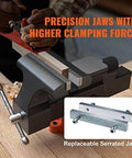 Bench vise by VEVOR, 6-inch jaw, 5.9-inch opening, 360° swivel base; includes replaceable serrated jaws