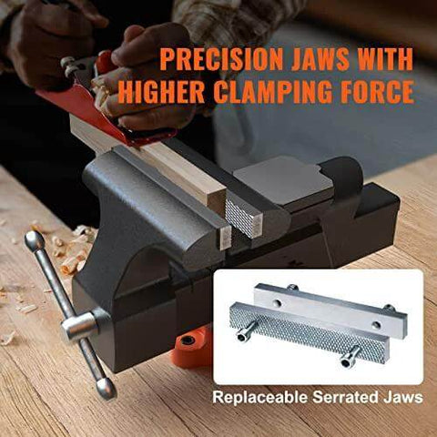 Bench vise by VEVOR, 6-inch jaw, 5.9-inch opening, 360° swivel base; includes replaceable serrated jaws