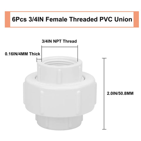 Six Pack Three Quarter Inch Female Threaded PVC Union Couplings F X F For Sprinkler Irrigation And Plumbing With FNPT Threads