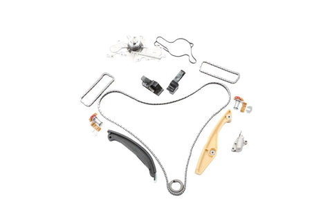 Heavy Duty Timing Chain Kit And Water Pump For Lincoln Edge And Ford Taurus With 3.5 Or 3.7 Liter Engine Ensures Smooth Operation And Major Engine Reliability For Your Ride. timing chain kit with guides, tensioners, and water pump parts laid out