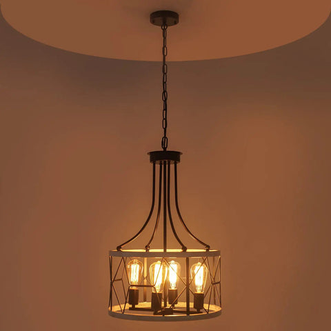 Farmhouse Round Pendant Chandelier 4 Light Cage Ceiling Light 17 Inch Drum Hanging Lamp Fixture Rustic Metal Flush Mount Chandelier For Dining Room Kitchen And Foyer Black And White Finish With Retro Vibe