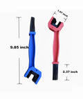 2 Pack Bike Chain Cleaner Brush Set For Bicycles And Motorcycles, 3 Sided Bristle Chain Washer, blue and red brushes, dimensions shown
