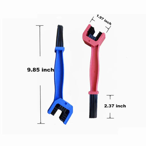 2 Pack Bike Chain Cleaner Brush Set For Bicycles And Motorcycles, 3 Sided Bristle Chain Washer, blue and red brushes, dimensions shown