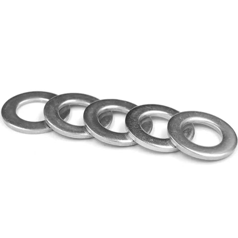 Stainless Steel Flat Washers Set For Metric Bolts And Screws M4 4.3mm 9mm 0.8mm 50 Pieces Durable For Sealing And Repair Hardware Ideal For Auto DIY And Home Projects. 5 stainless steel flat washers on white background