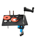 Smooth As A Dream Universal Base Mount Router Lift Featuring Hella Precise Above Table Bit Height Adjustment And Rock Solid Friction Lock For Easy Rerouting Gigs Without Bending Over On Your Back, showcasing height adjustment crank and base components.