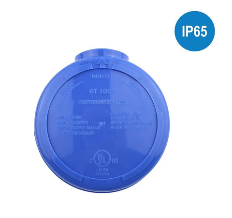 Top view of blue Twist-Lock Photocell Sensor For Outdoor LED Lighting Dusk To Dawn Control 120-277V NEMA Twist Lock with UL listing badge.