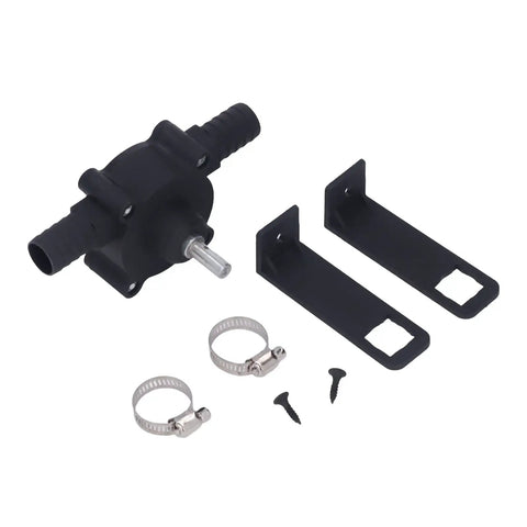 Heavy Duty Electric Drill Powered Sump Pump components including pump, brackets, clamps, and screws for fluid transfer.