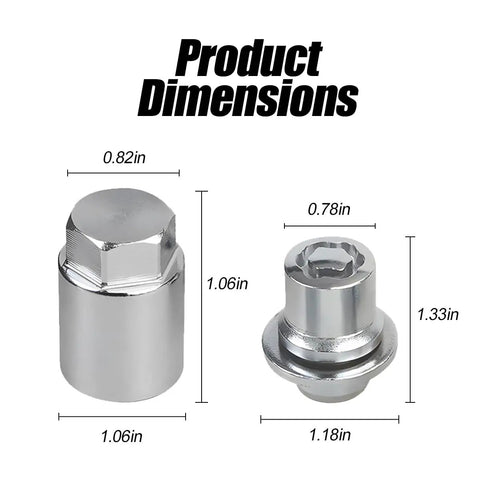 Dimensions of Anti-Theft Wheel Lock Lug Nut Set M12 x 1.5 Chrome Cone Seat 4-Piece With 1 Key
