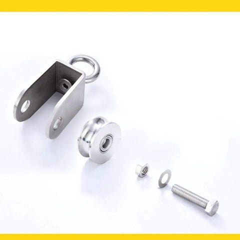 Two Pack Built Tough 304 Stainless Steel Track Pulleys With Rock Solid 360 Degree Swivel Rings And Double Ball Bearings For Smooth Sliding Door Glides On Round Tube Tracks 25 Mm Slot showing components including pulley, mount, and bolts.