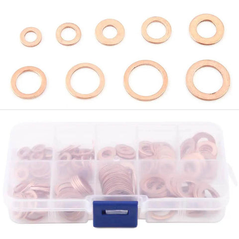 Rock Solid 200 Piece Copper Flat Washers Gasket Set M5 M6 M8 M10 M12 M14 OD 9 To 18 mm for Car and Home Repair That Get The Job Done Without Any Hassle for Real Men and Women Handling Daily Maintenance Tasks across the Country. copper flat washers in assorted sizes with storage box