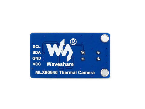 Back view of MLX90640 IR Array Thermal Imaging Camera with 32 by 24 pixel sensor, labelled input pins, compact blue module for DIY projects.