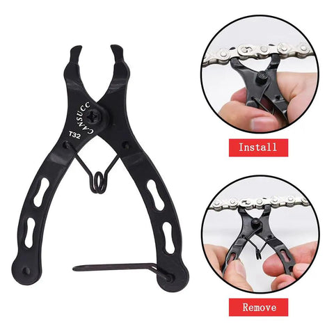 Bicycle Chain Repair Tool Kit With Link Plier, showing tool grips chain with 5 Pairs Quick Link Buckles for install and removal