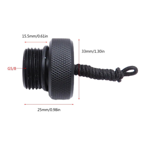 Side view of DIN Tank Valve Dust Plug Cap Protector End Cap With Cord for scuba diving, showing dimensions and thread.