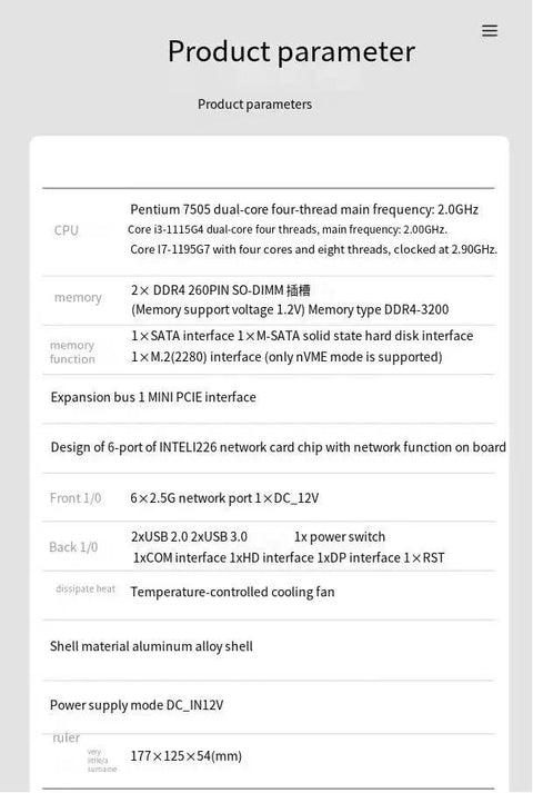Intel Core i7-1195G7 Mini PC specifications, highlighting dual LAN ports, DDR4 memory, and compact aluminum body.