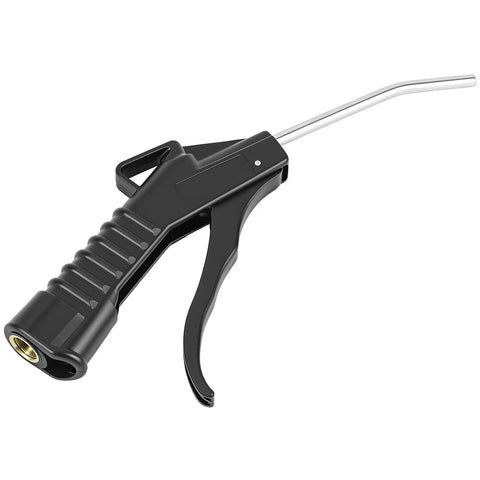 Eight Piece Heavy Duty Pistol Grip Air Blower Gun With Angled Nozzle For Kicking Up Dust And Grime In The Shop Or House, black handle and steel nozzle.