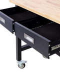 Close-up of 48 Inch Heavy Duty Mobile Workbench With 2 Drawers Solid Rubber Wood Top Rolling Garage Table With Locking Casters Steel Workbench