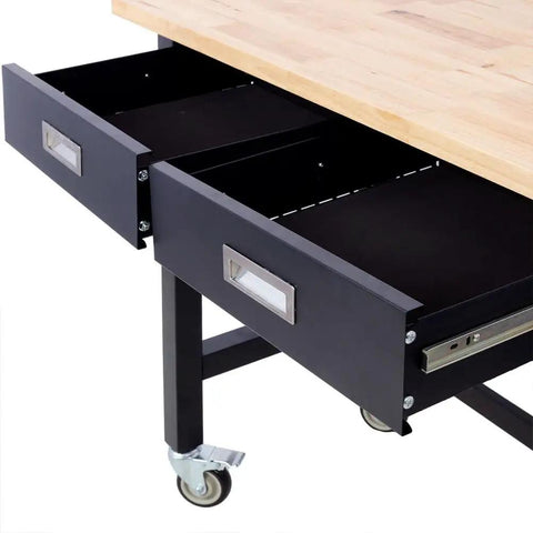 Close-up of 48 Inch Heavy Duty Mobile Workbench With 2 Drawers Solid Rubber Wood Top Rolling Garage Table With Locking Casters Steel Workbench