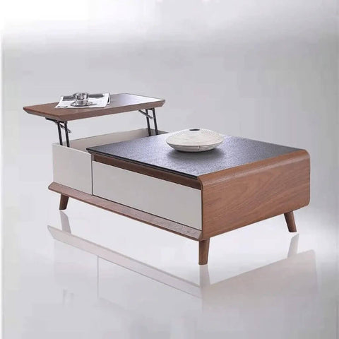 Folding Spring Hinge For Tables And Desks lifting tabletop on modern wood and white table, heavy duty furniture lift mechanism shown.