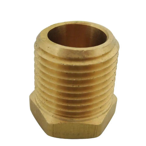Hex Head Plug Pipe Fitting Set NPT Male Five Pieces Brass Heavy Duty one eighth inch close-up of single brass plug from set